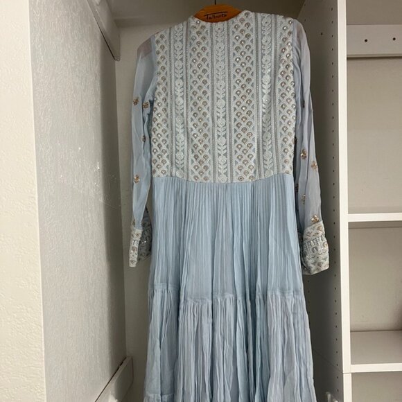 Sky Blue Anarkali Suit With Center Slit Adorn In Thread Embroidery - Picture 2 of 8